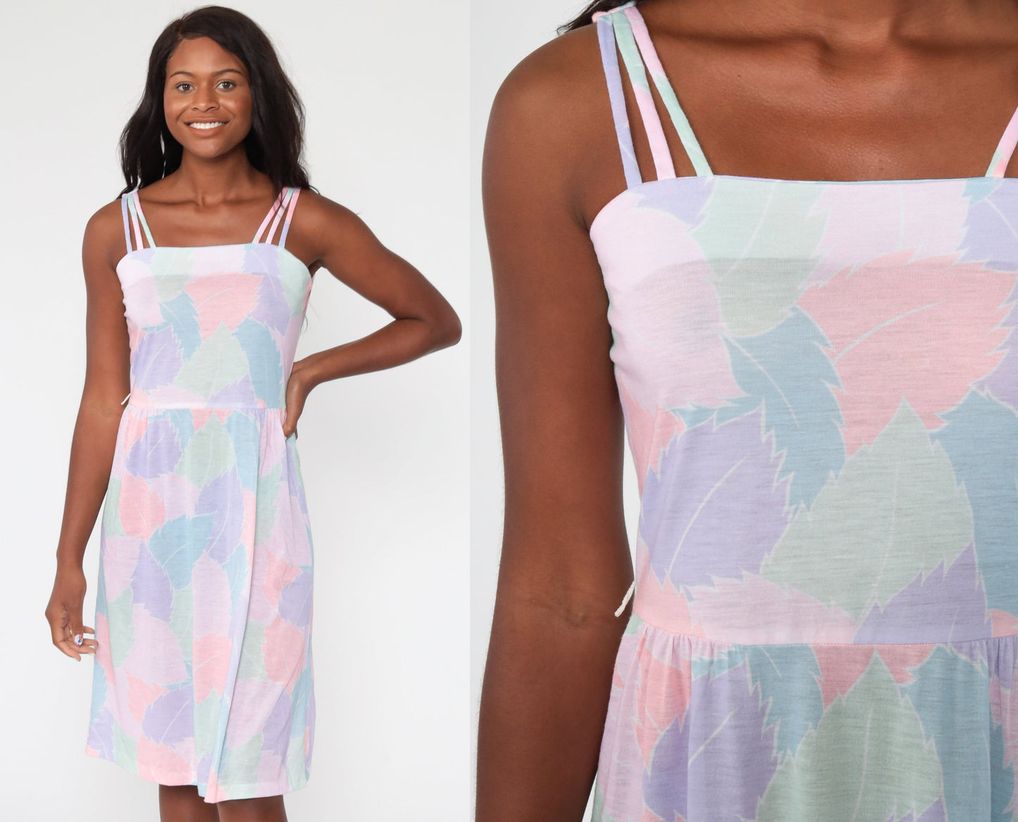 70s Leaf Print Midi Sundress High Waist Tank Pastel Cotton Medium