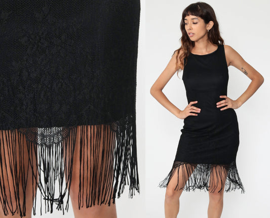 90s Black Lace Fringe Mini Dress Sleeveless Small Medium