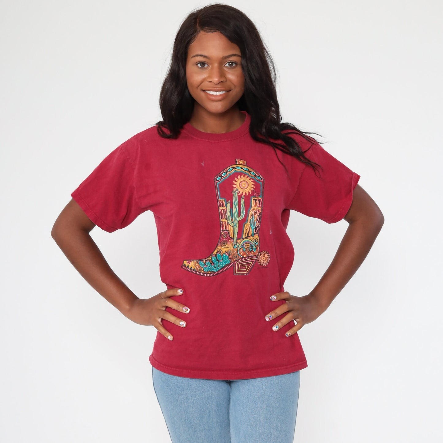 80s Cactus Cowboy Boot Desert Graphic T-Shirt Red Southwestern Medium