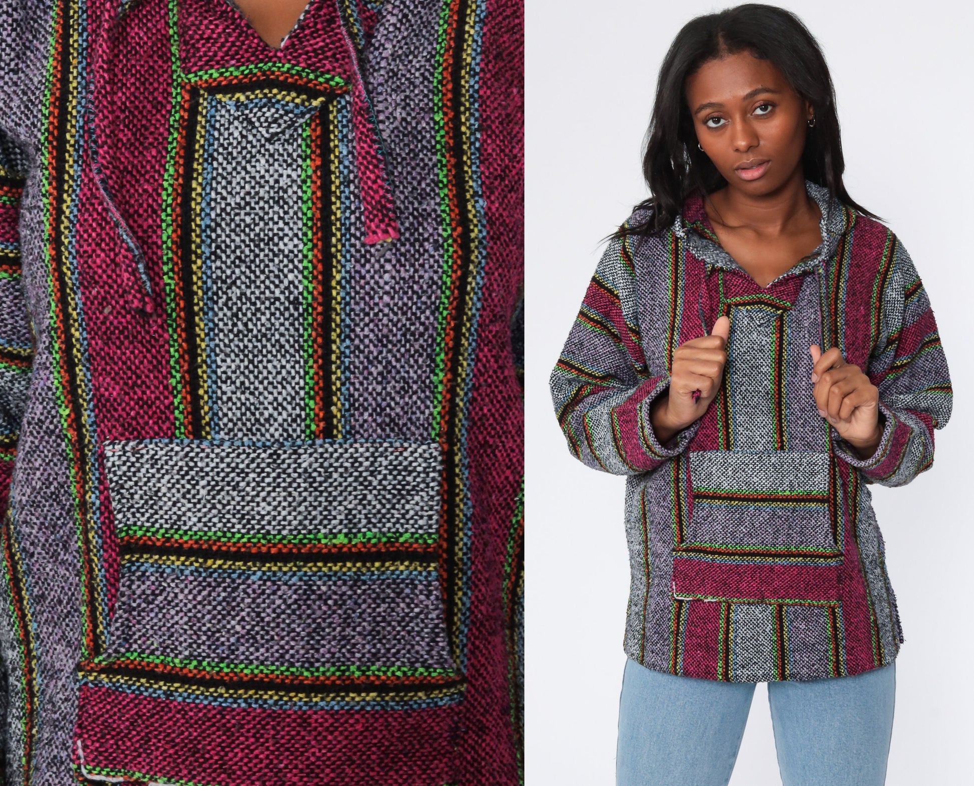 90s Mexican Baja Pullover Hoodie Striped Grey Pink Medium