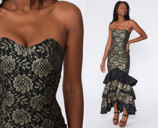 80s Metallic Gold Lace Strapless Mermaid Maxi Dress Sweetheart Neckline Extra Small