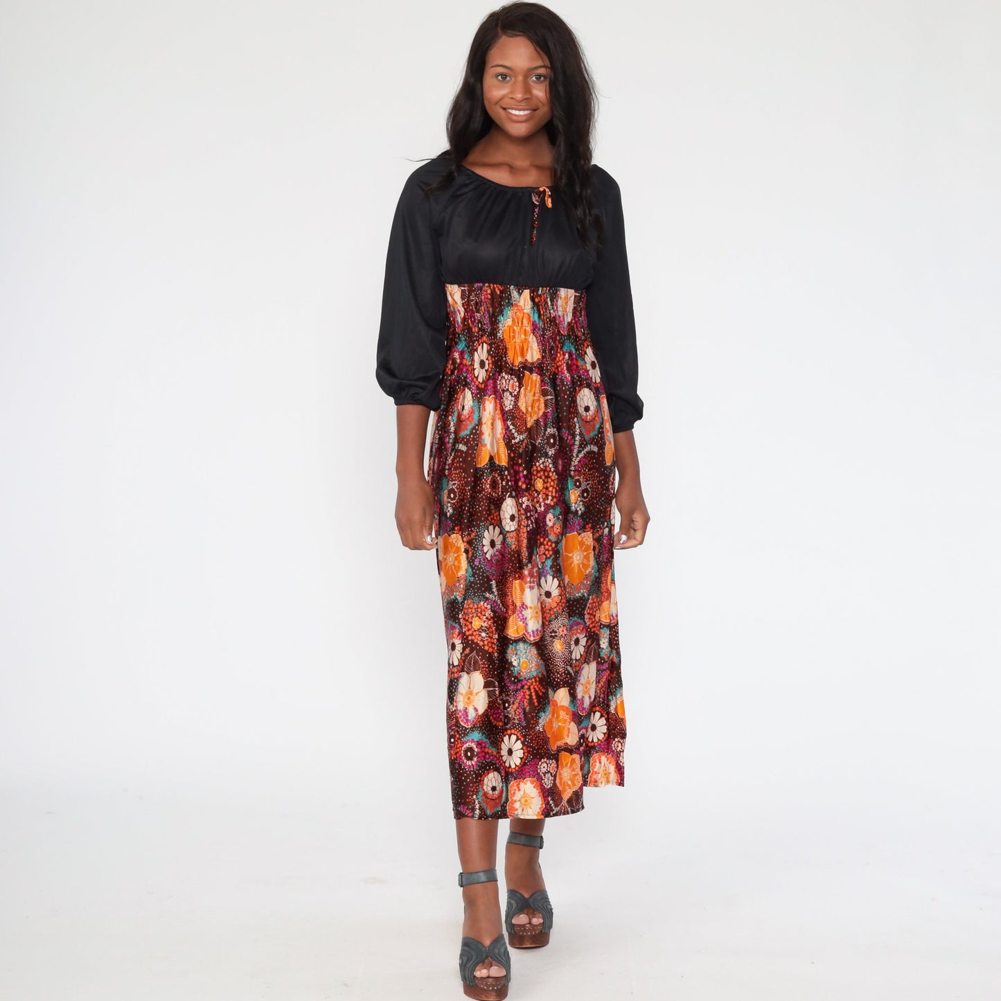 70s Psychedelic Floral Maxi Dress Empire Waist Smocked Black Purple Small