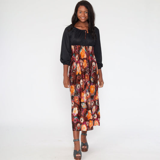 70s Psychedelic Floral Maxi Dress Empire Waist Smocked Black Purple Small