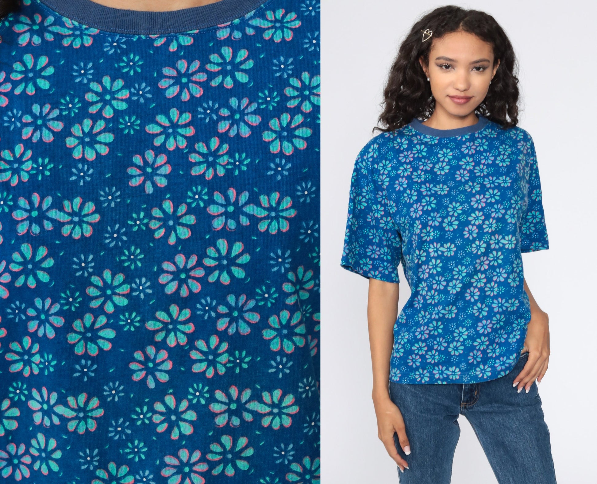 90s Floral Graphic T-Shirt Blue Flower Print Ringer Tee Medium M