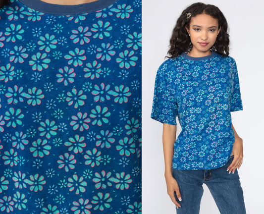 90s Floral Graphic T-Shirt Blue Flower Print Ringer Tee Medium M