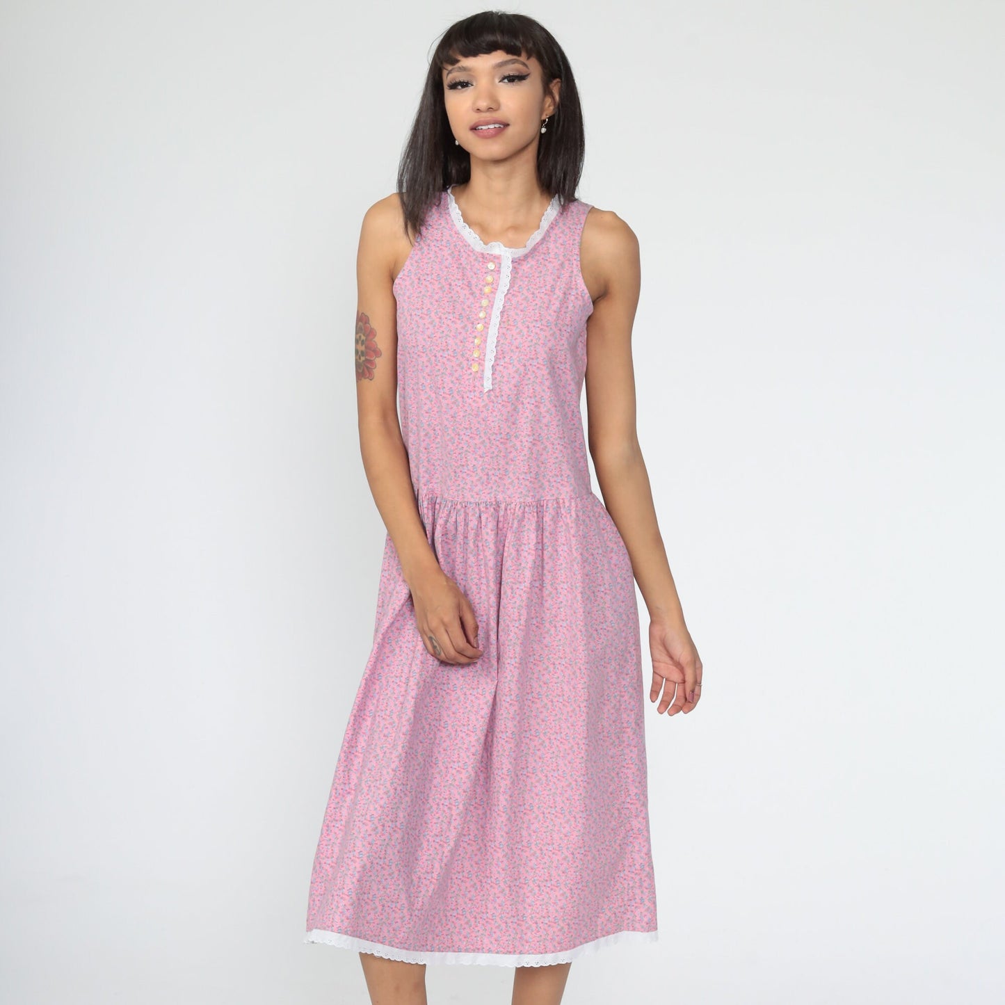 80s Calico Floral Midi Dress Pink Eyelet Lace Drop Waist Sleeveless Extra Small