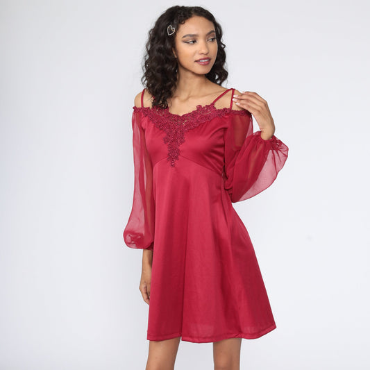 70s Burgundy Mini Dress Off-Shoulder Babydoll Sheer Chiffon Sleeve Extra Small