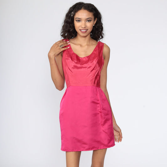 60s Pink Satin Mini Dress Sleeveless High Waist Cocktail Extra Small XS