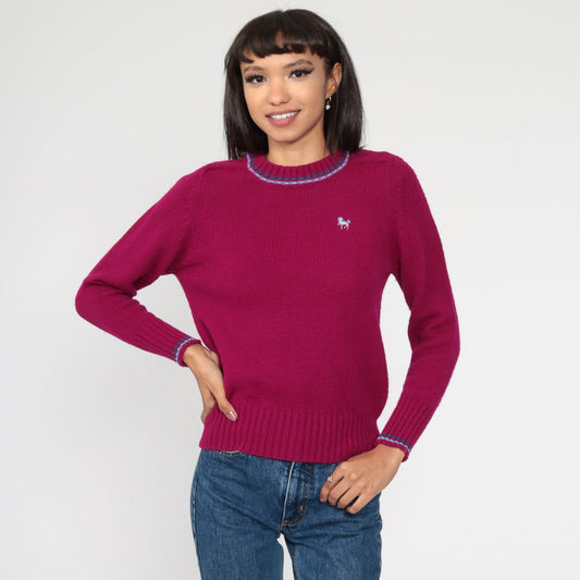 80s Purple Horse Graphic Knit Sweater Ringer Pullover Small