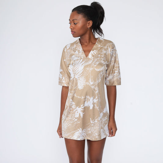 70s Tropical Leaf Print Shift Mini Dress Tan Short Sleeve Medium Large