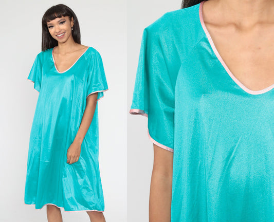 1960s Turquoise Nylon Nightgown Pink Ringer Trim Tent Cut Extra Large XXL