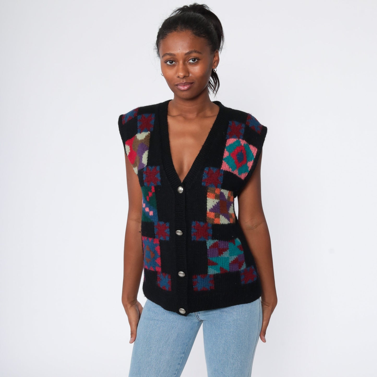LL Bean Wool Quilted Vest 80s Black Southwestern Small