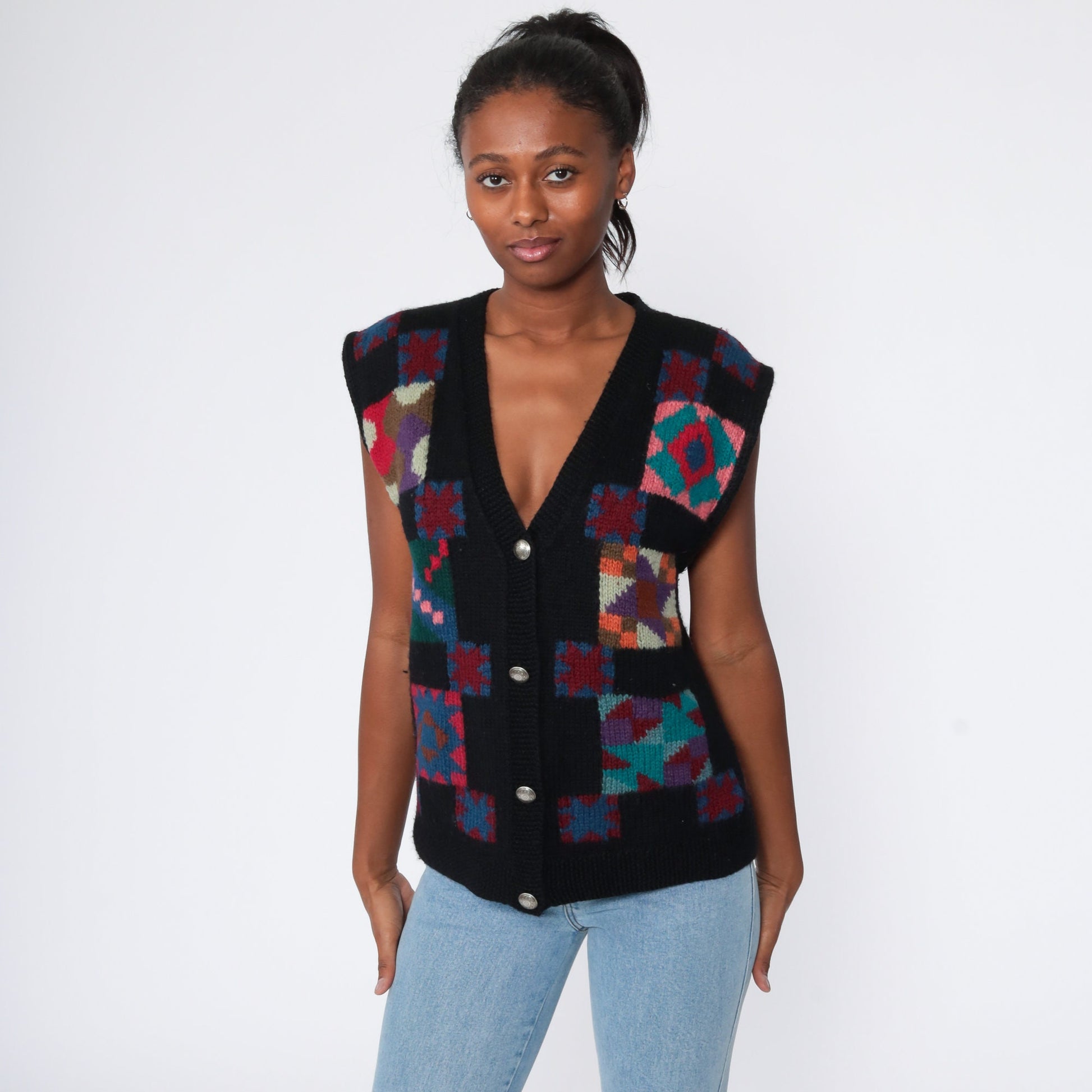 LL Bean Wool Quilted Vest 80s Black Southwestern Small