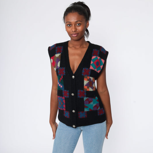 LL Bean Wool Quilted Vest 80s Black Southwestern Small