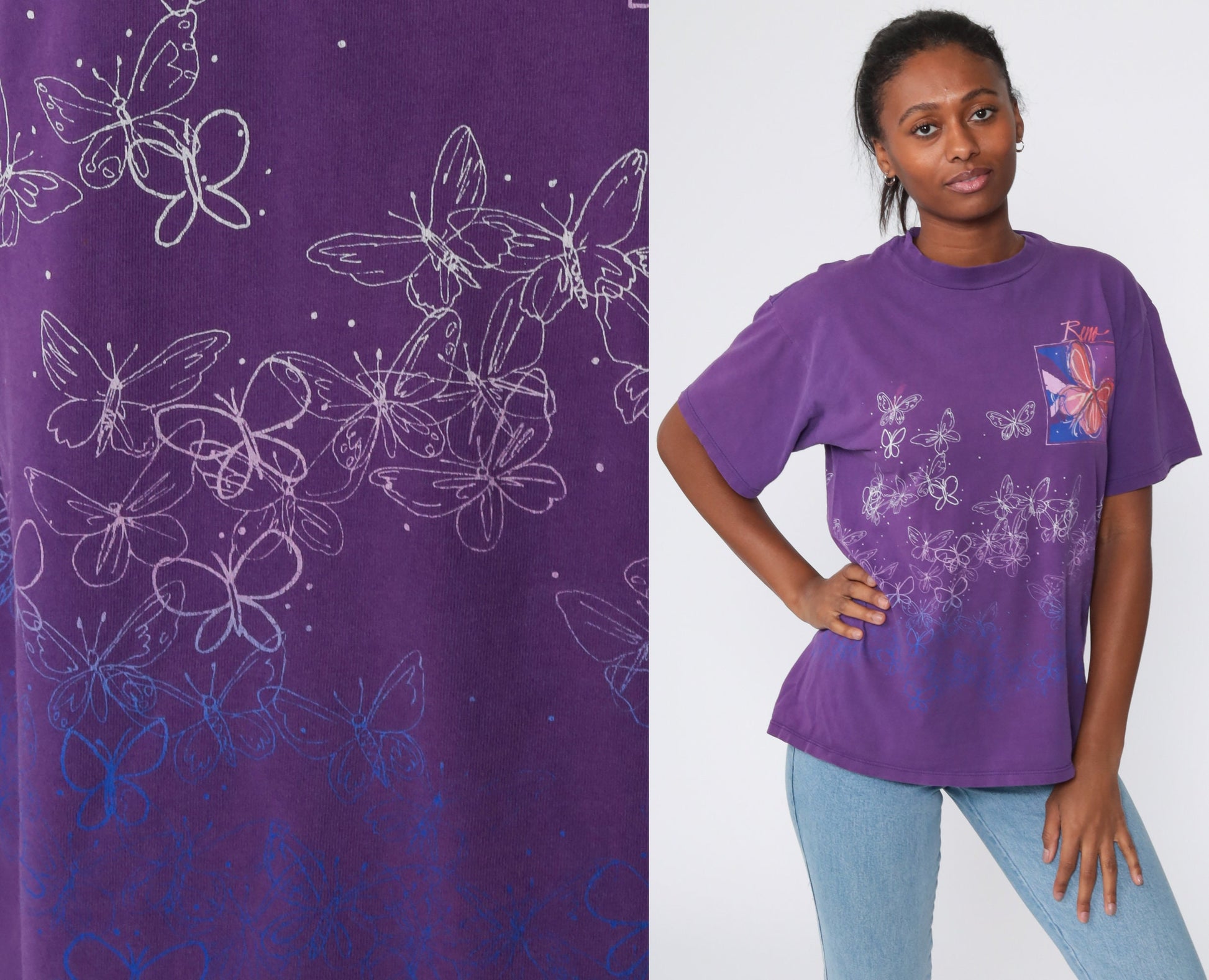 90s Reno Nevada Butterfly Graphic T-Shirt Purple Cotton Medium