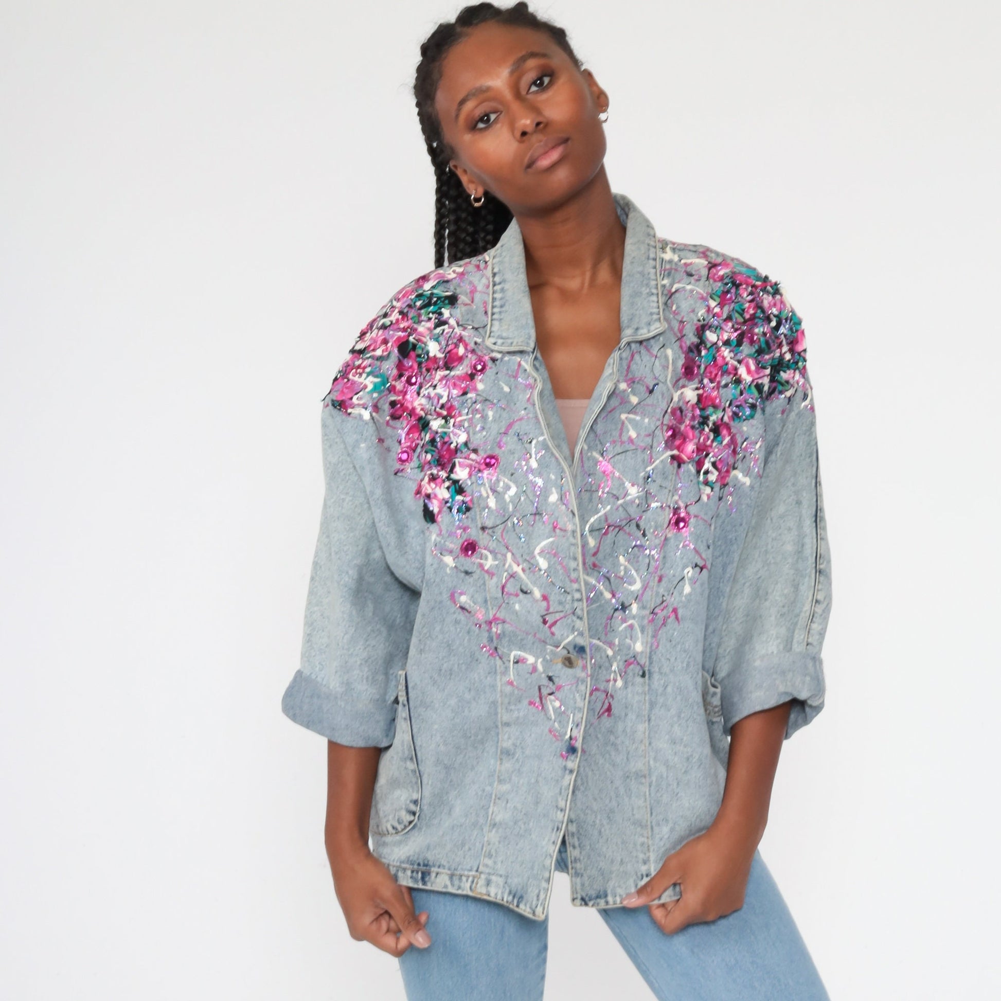 80s Acid Wash Denim Jacket Paint Splatter Glitter Blue Small