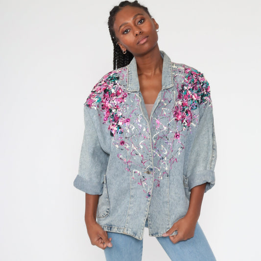 80s Acid Wash Denim Jacket Paint Splatter Glitter Blue Small