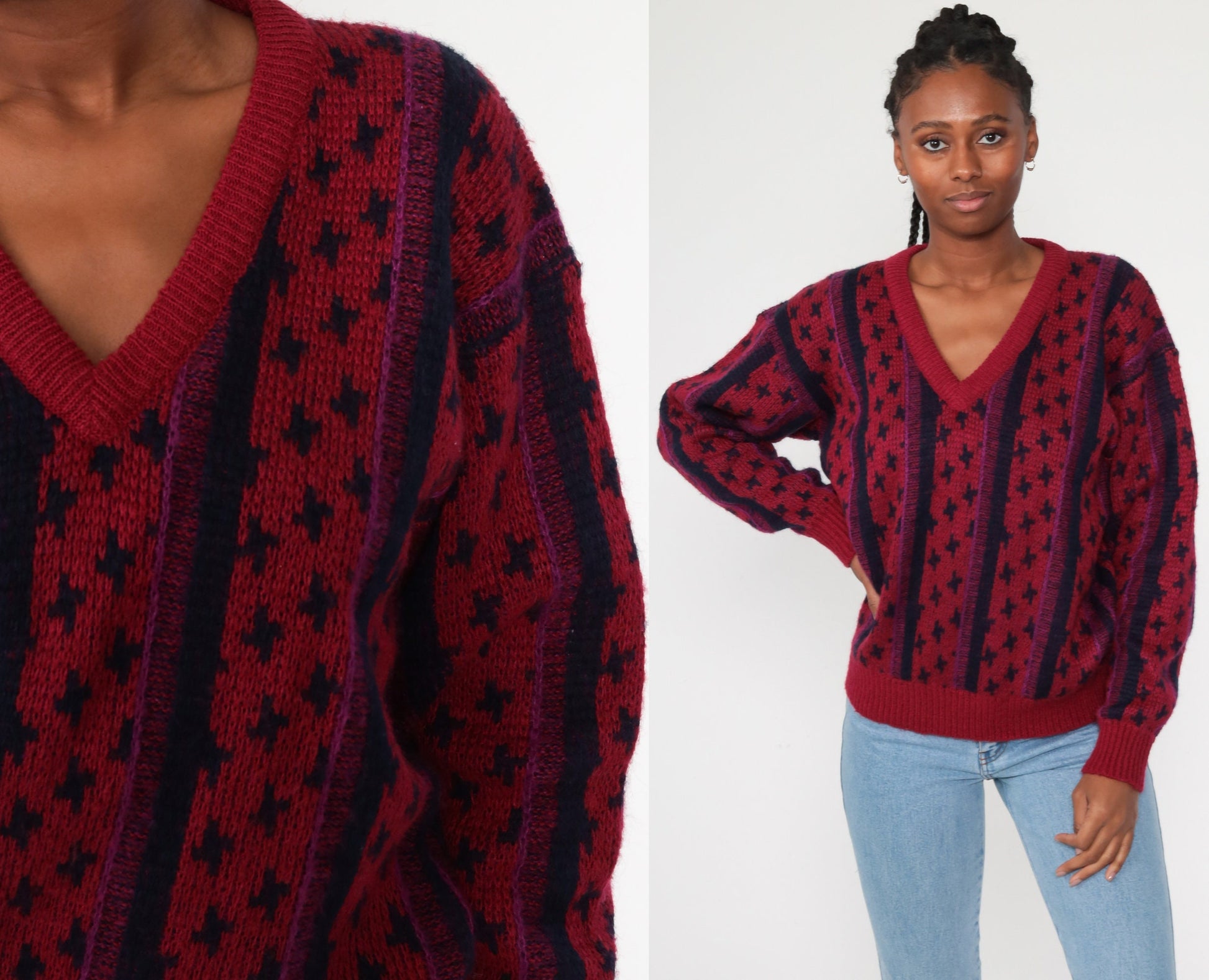 80s Burgundy Striped V-Neck Wool Blend Sweater Knit Pullover Medium