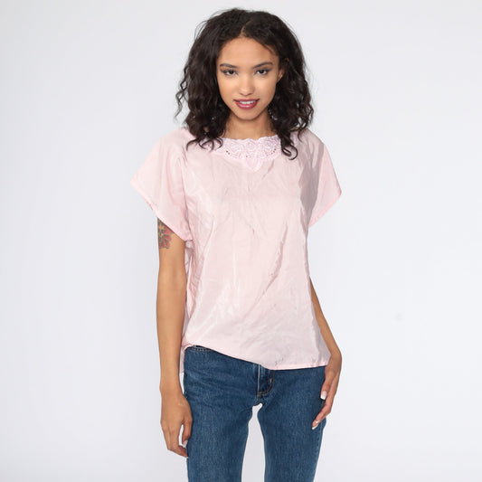 80s Baby Pink Cutwork Embroidered Blouse Floral Short Sleeve Medium