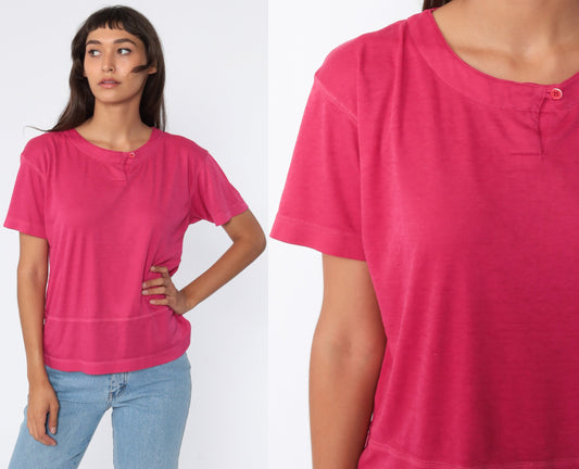 80s Hot Pink Button Neck T-Shirt Short Sleeve Cotton Blend Medium
