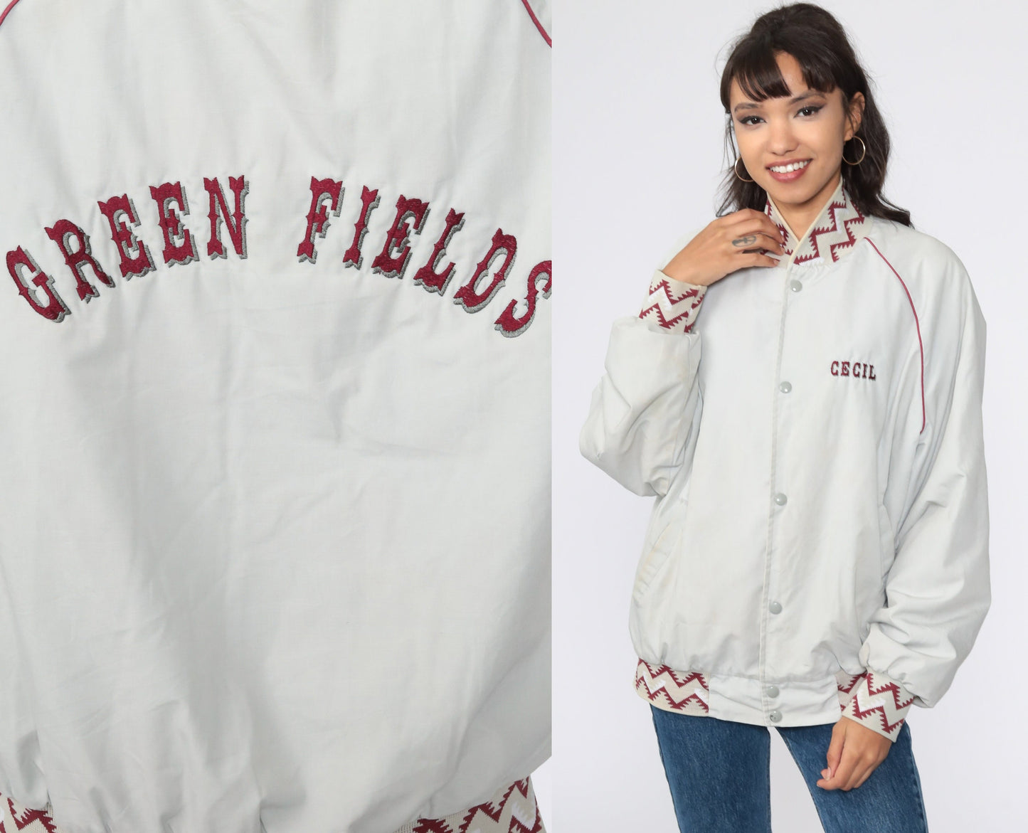 80s Cecil & Green Fields Baseball Jacket Grey Snap Unisex Extra Large