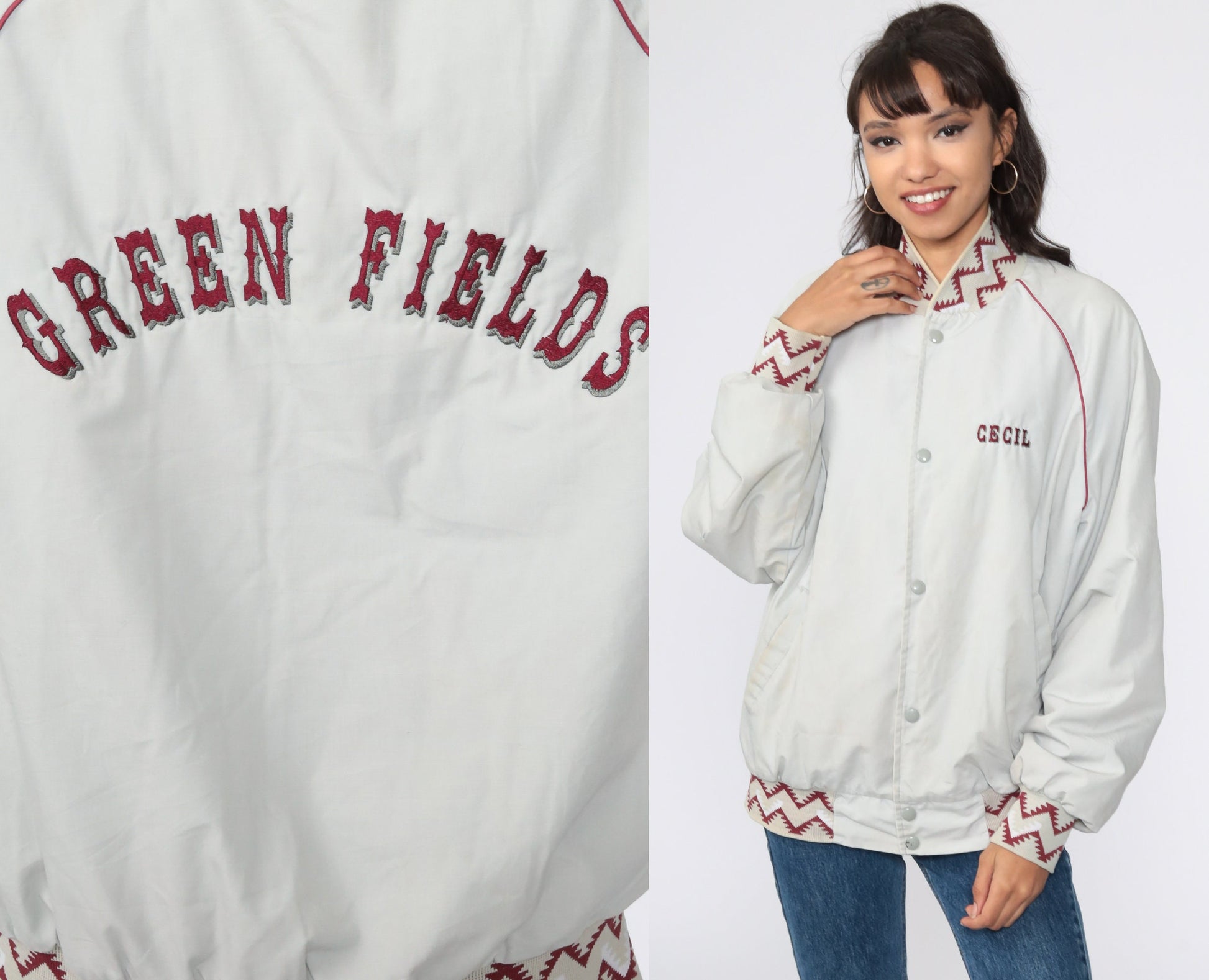 80s Cecil & Green Fields Baseball Jacket Grey Snap Unisex Extra Large