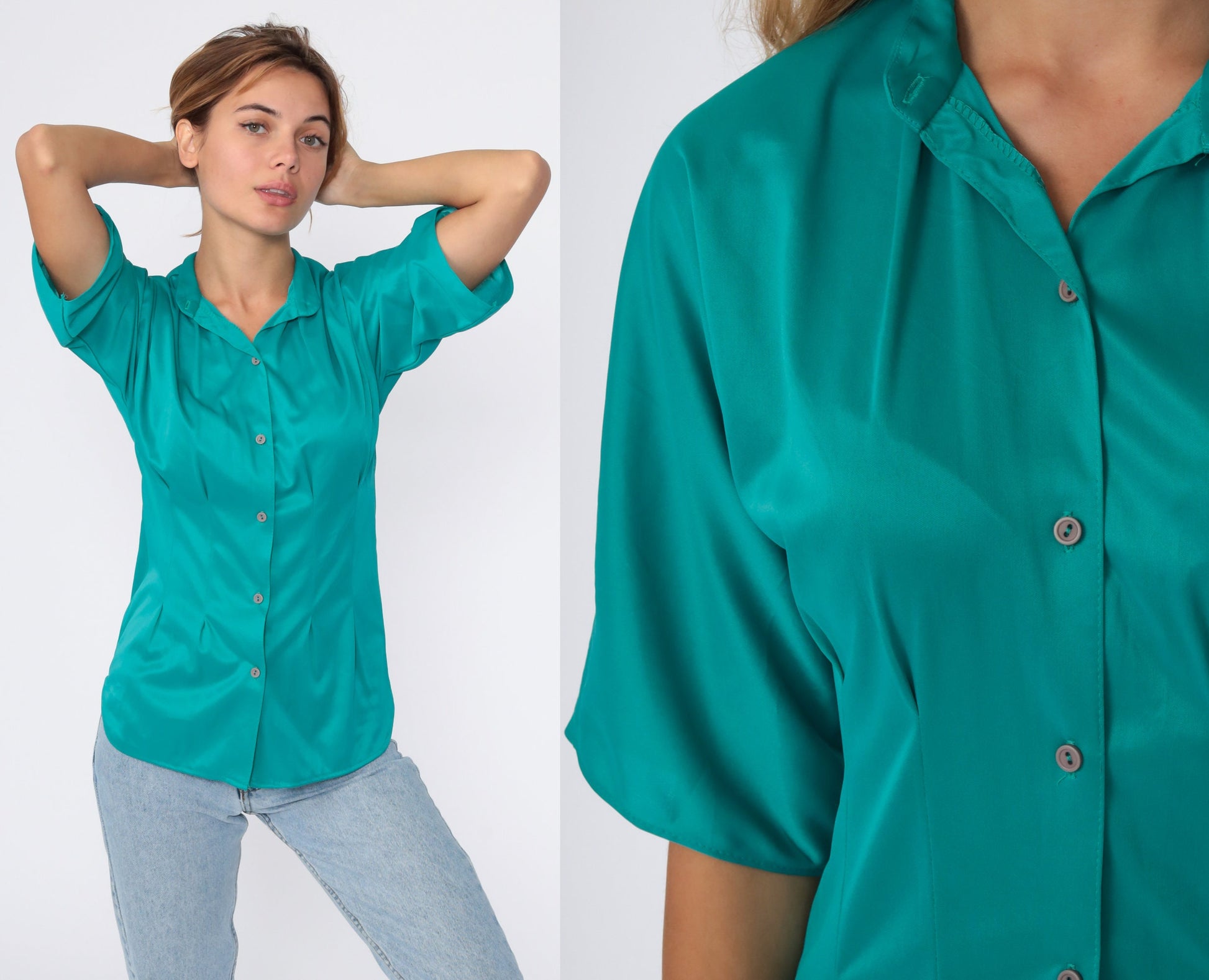 80s Teal Button-Up Shirt Short Sleeve Blouse Small