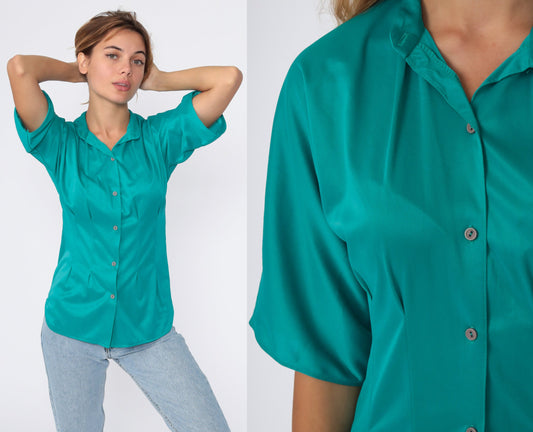 80s Teal Button-Up Shirt Short Sleeve Blouse Small