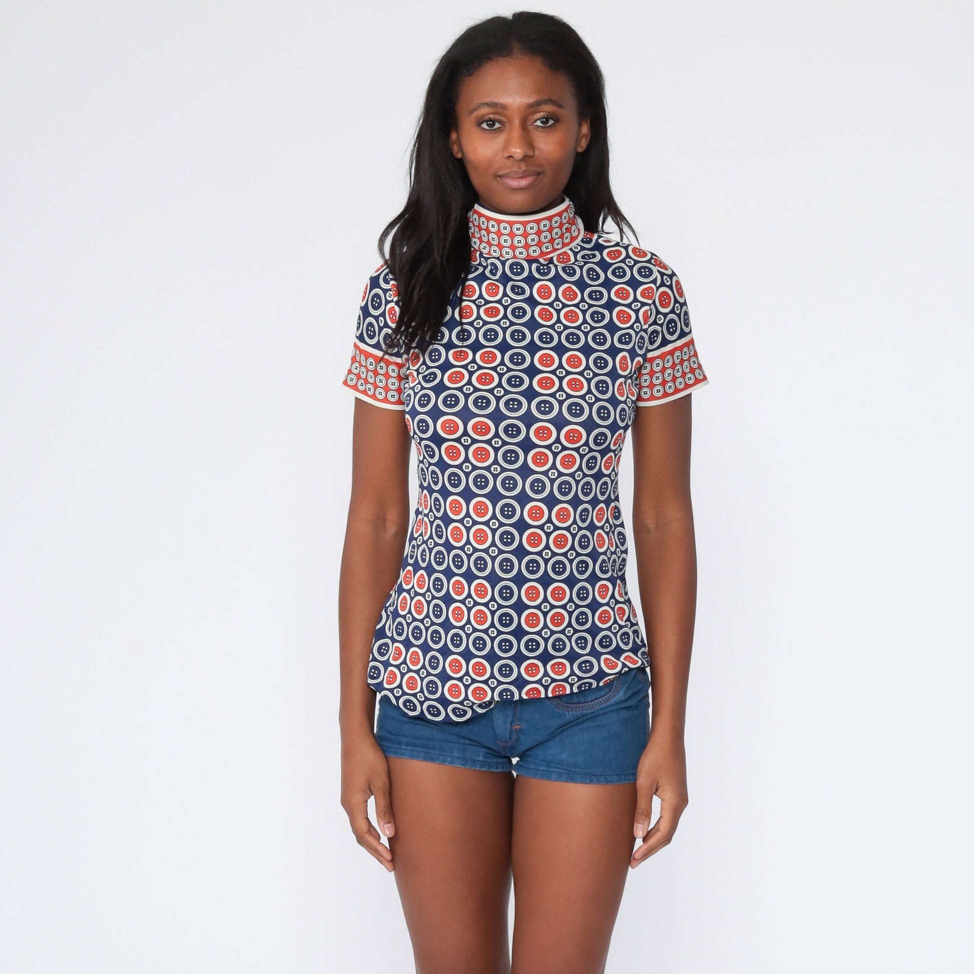 70s Button Print Shirt Mock Neck Short Sleeve Red Blue Small