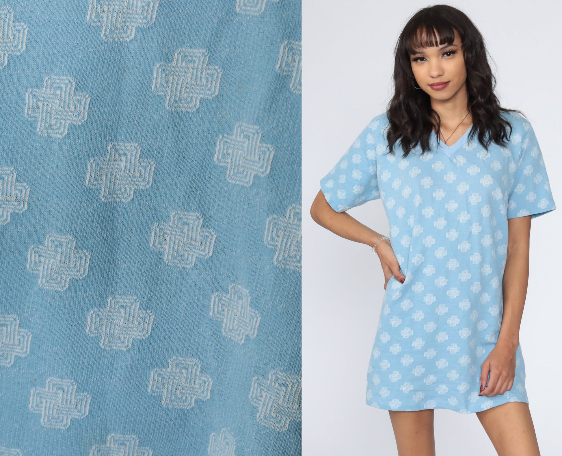 70s Geometric Print Shift Dress Mini Length Cotton Short Sleeve Medium