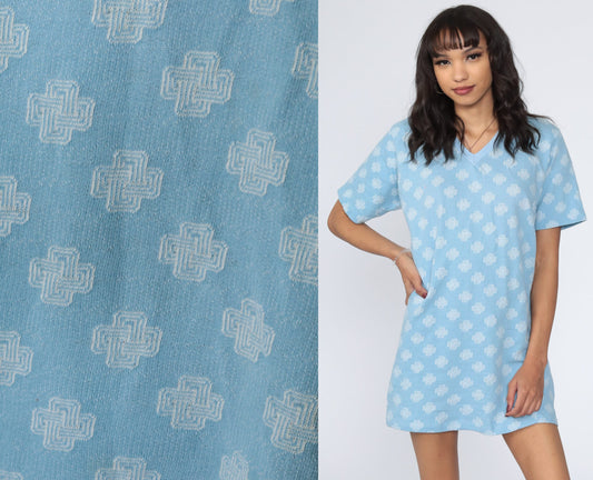 70s Geometric Print Shift Dress Mini Length Cotton Short Sleeve Medium