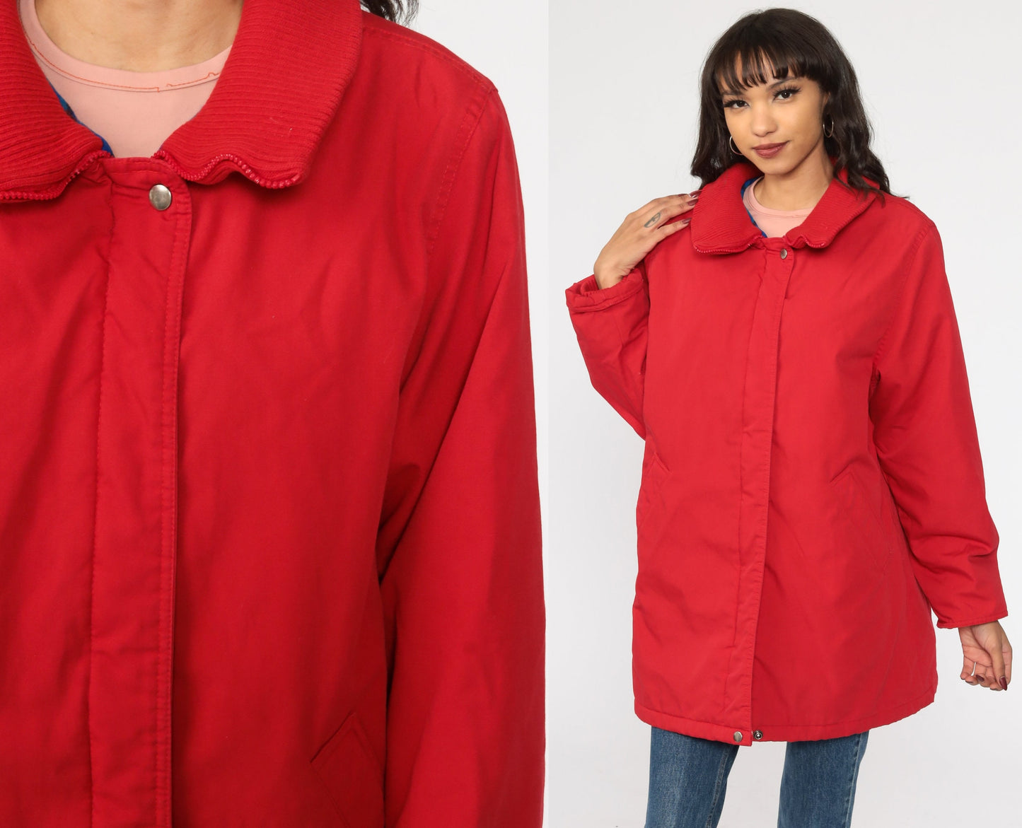 80s Windsor Bay Red Cotton Windbreaker Jacket Knit Collar Medium