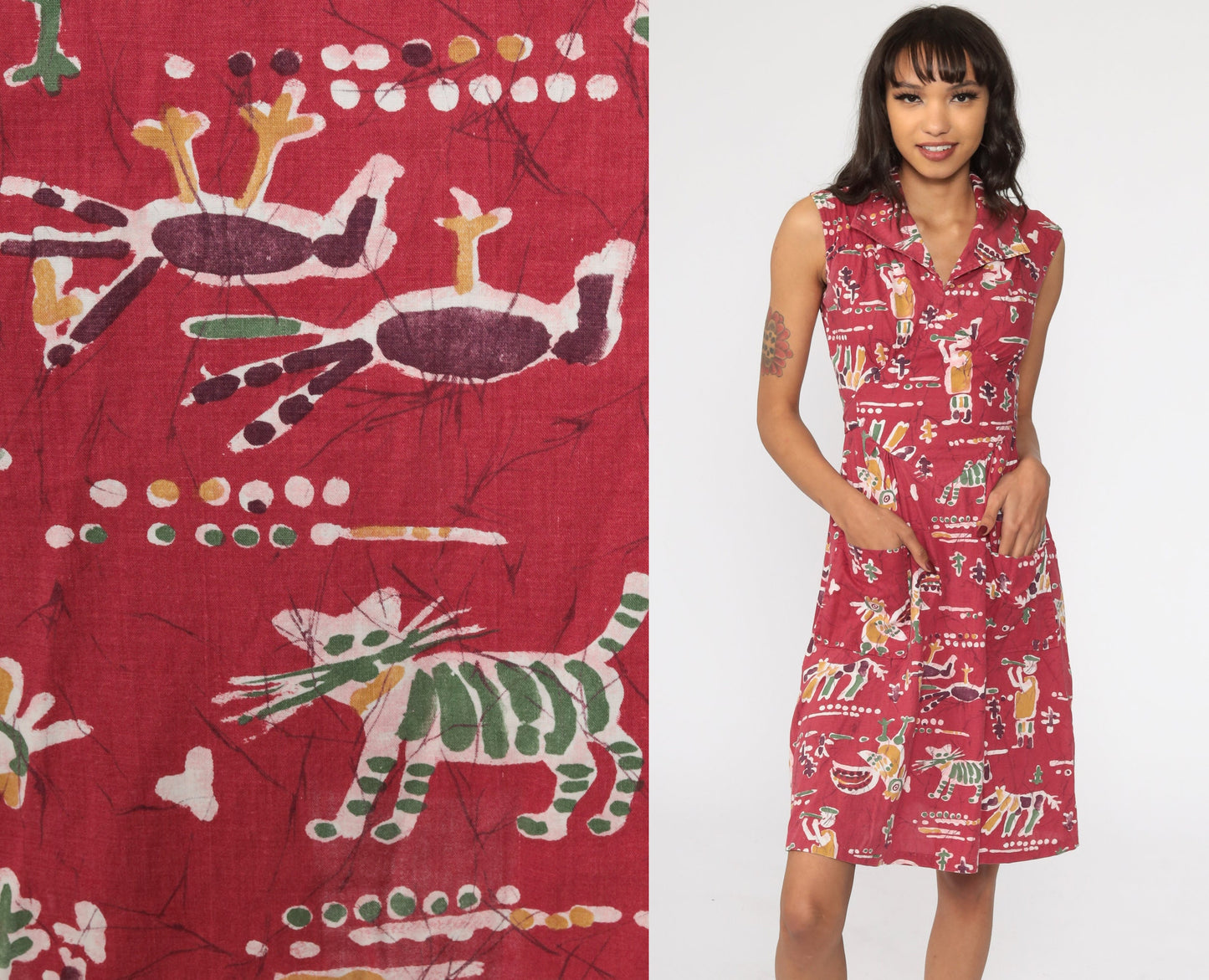 70s Batik Cat Bird Print Mini Dress Red Empire Waist Sleeveless Small