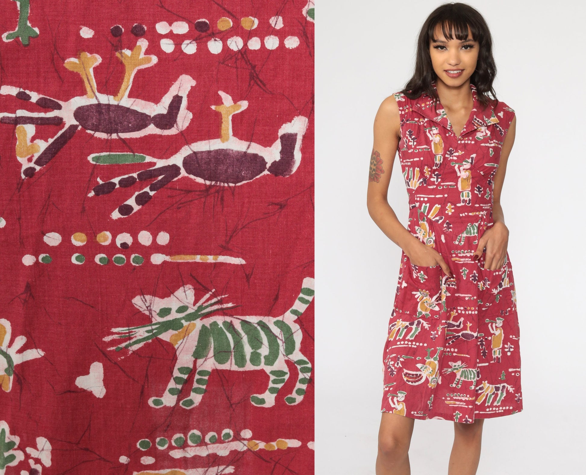 70s Batik Cat Bird Print Mini Dress Red Empire Waist Sleeveless Small