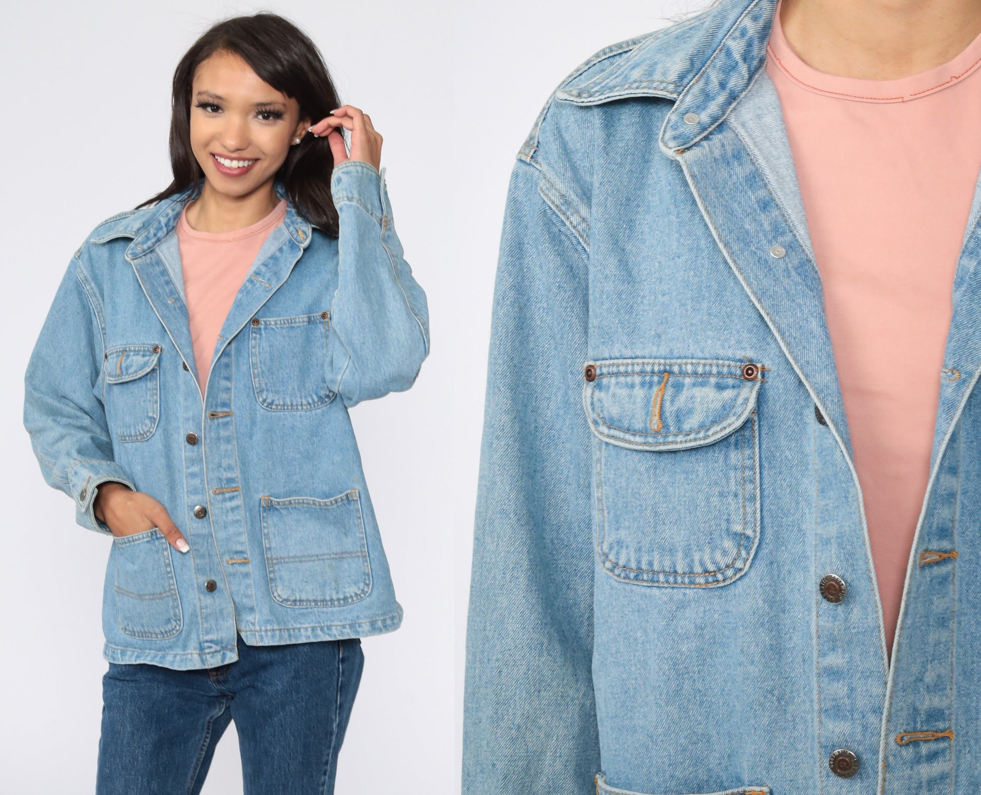 90s Light Blue Denim Cargo Jacket Workwear Button Up Medium