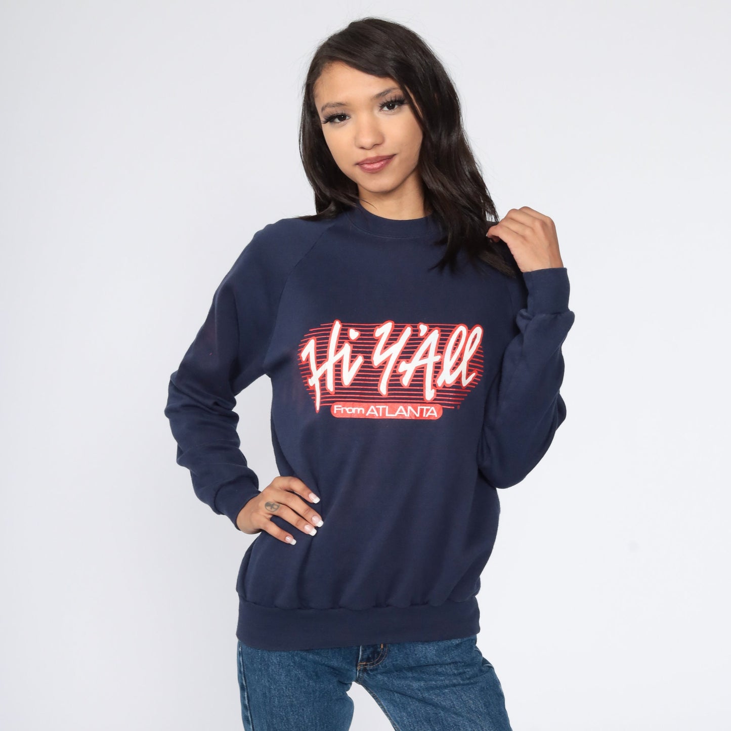 80s Atlanta Hey Y'all Georgia Raglan Sweatshirt Navy Graphic Crewneck Medium