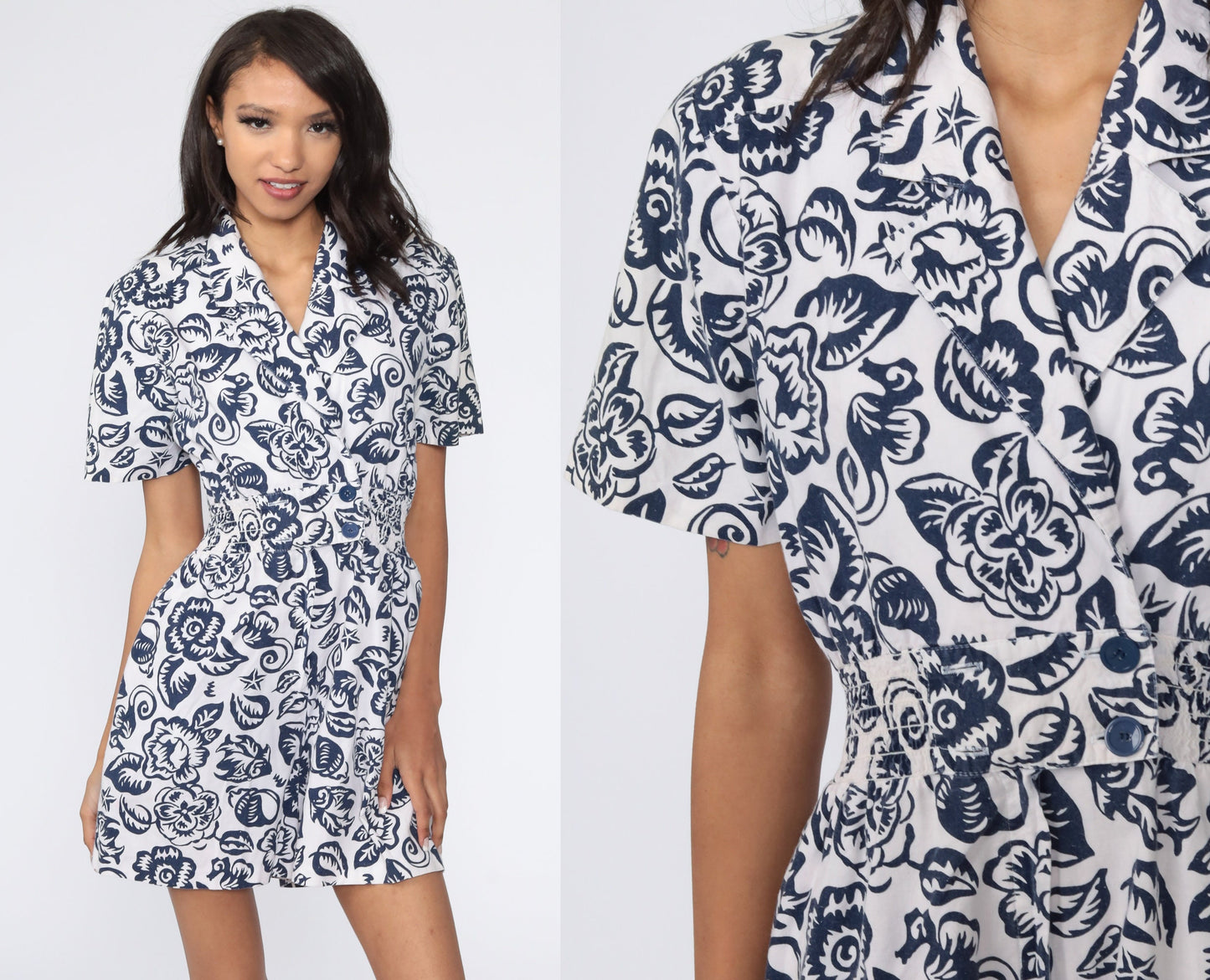 90s Floral Romper White Blue V-Neck High Waist Playsuit Small S