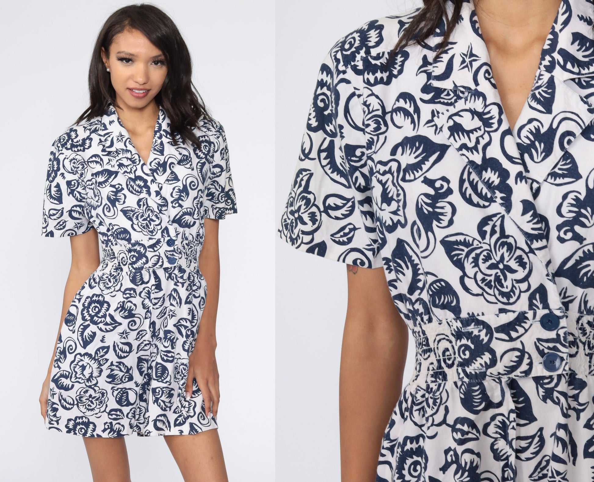 90s Floral Romper White Blue V-Neck High Waist Playsuit Small S