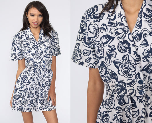 90s Floral Romper White Blue V-Neck High Waist Playsuit Small S