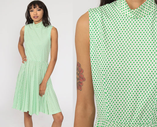 70s Green Polka Dot Midi Dress High Waist Pleated Mock Neck Extra Small