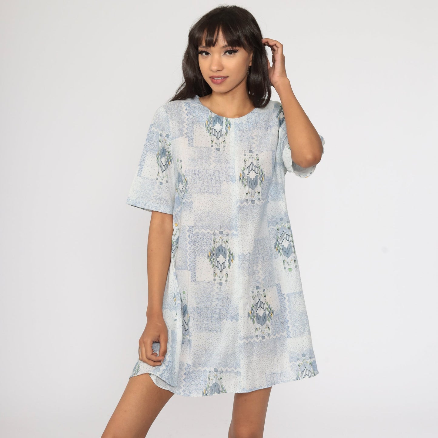 1960s Geometric Print Shift Dress Light Blue Mini Short Sleeve Large