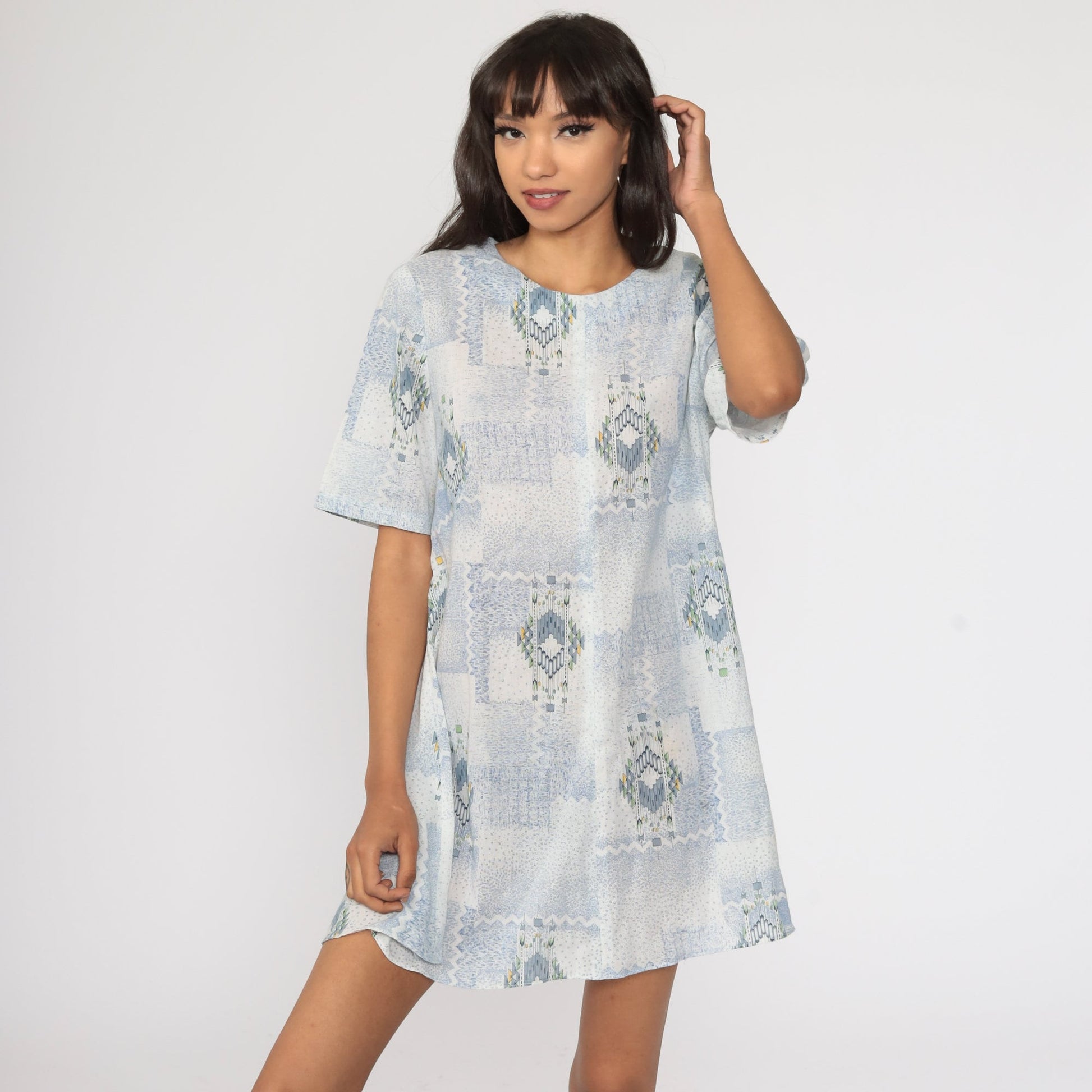 1960s Geometric Print Shift Dress Light Blue Mini Short Sleeve Large