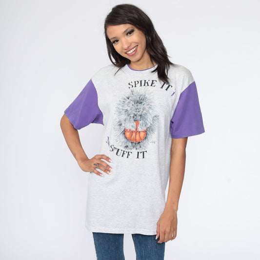 80s Porcupine Basketball Graphic T-Shirt Grey Ringer Tee Medium