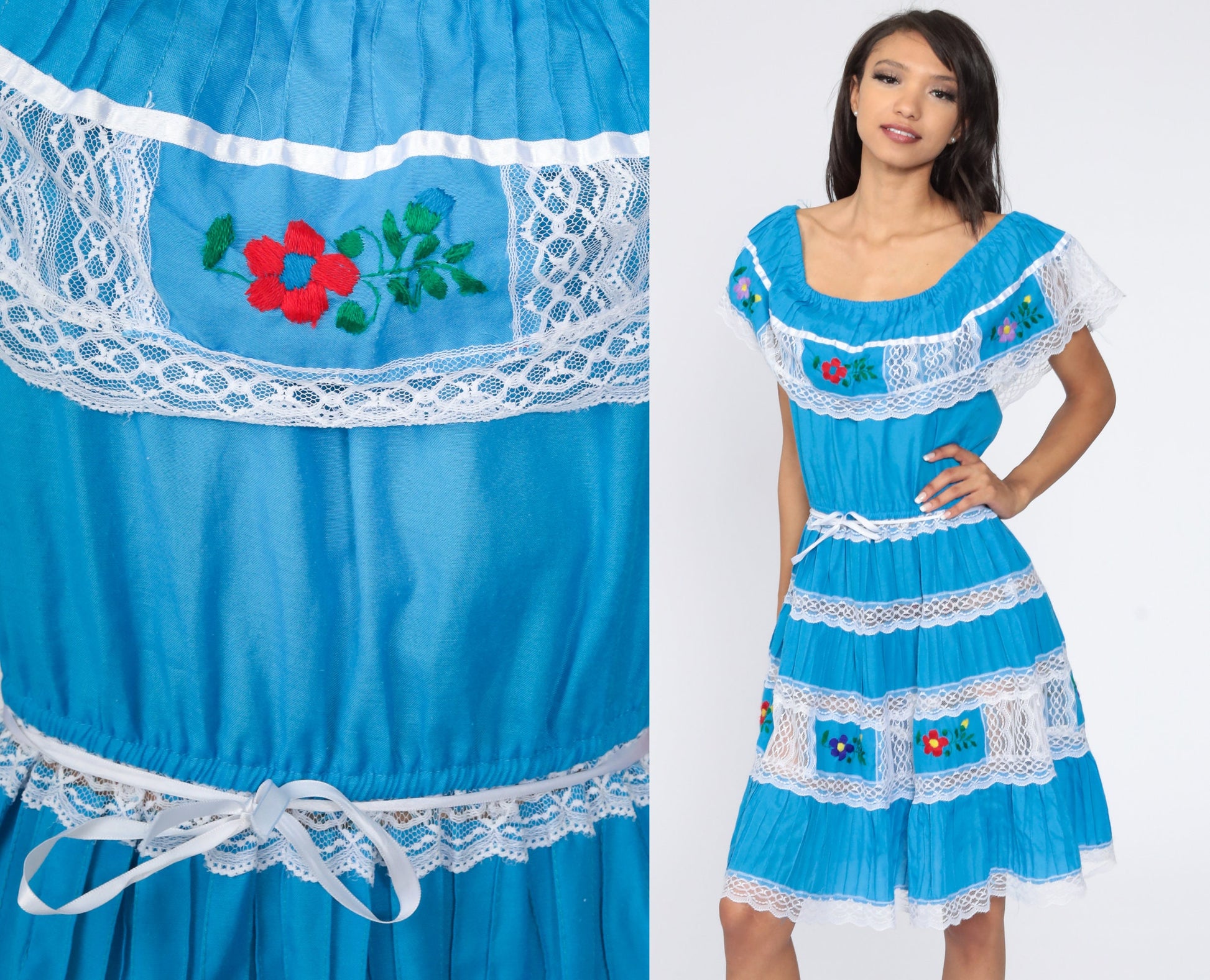 80s Mexican Peasant Dress Embroidered Off-Shoulder Midi Blue Small