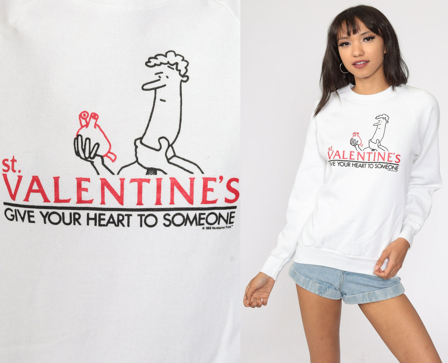 80s St. Valentine's Heart Graphic Sweatshirt Raglan Pullover Small