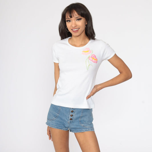 80s Hawaiian Floral T-Shirt White Cap Sleeve Baby Tee Small