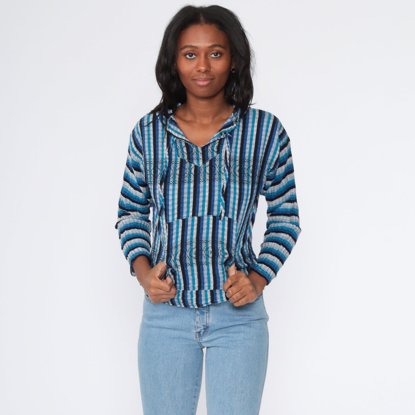 00s Mexican Baja Hoodie Blue Stripe Cotton Kangaroo Pocket Small Medium