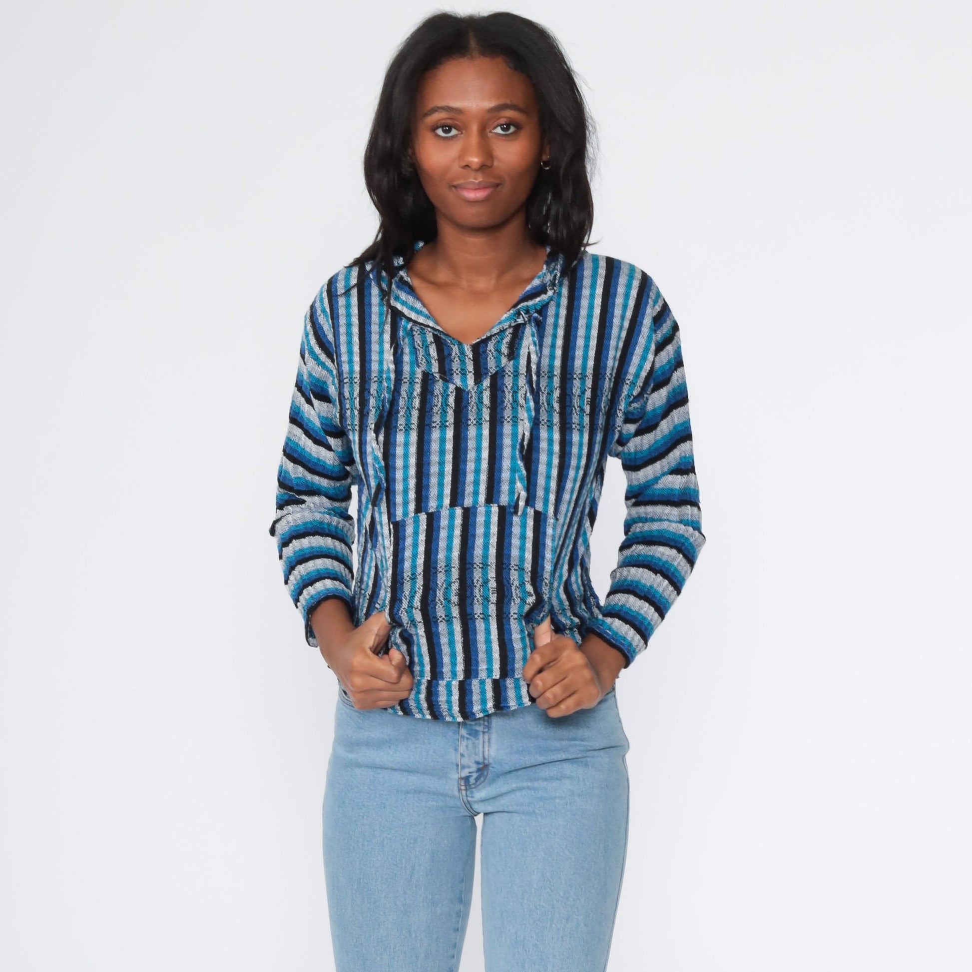 00s Mexican Baja Hoodie Blue Stripe Cotton Kangaroo Pocket Small Medium