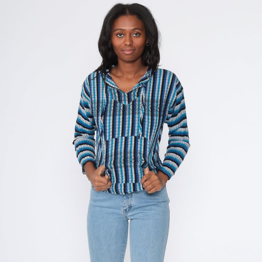 00s Mexican Baja Hoodie Blue Stripe Cotton Kangaroo Pocket Small Medium