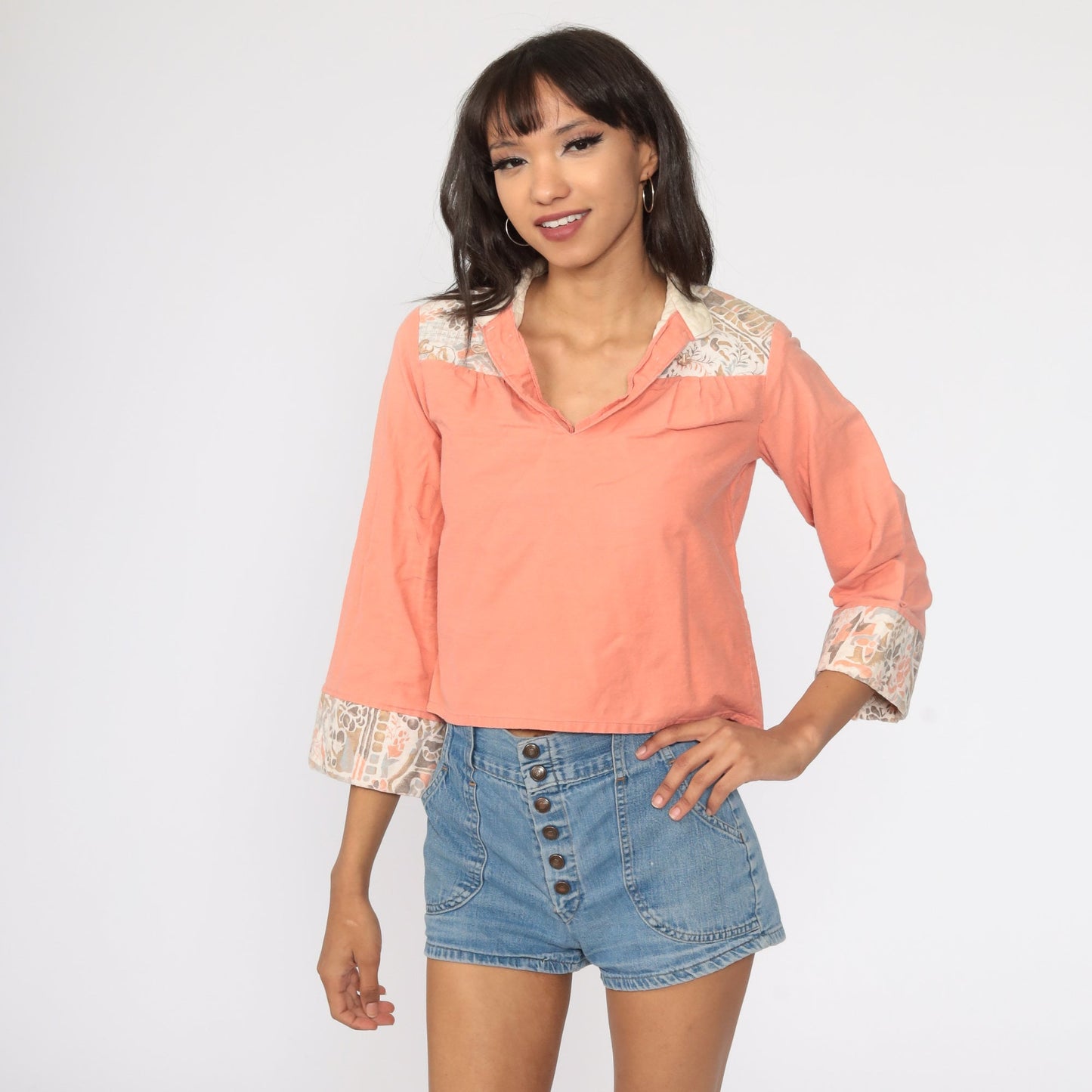 70s You Babes Orange Cotton Tunic Top Wide Sleeve Blouse Extra Small